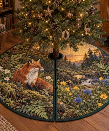 Reading Nook Fox & Wildflower Holiday Tree Skirt — Cozy Cottage Accent For Book Corners, Soft Pile, Warm Woodland Vibes