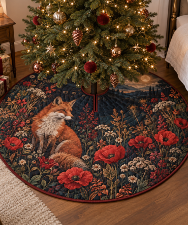 Bedroom Fox & Wildflower Tree Skirt — Soft Romantic Woodland Holiday Accent, Subdued Colors, Lightweight & Washable
