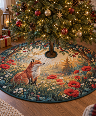 Living Room Fox & Wildflower Christmas Tree Skirt — Large Statement Holiday Mat, Cozy Woodland Design, Pet-Friendly Fabric