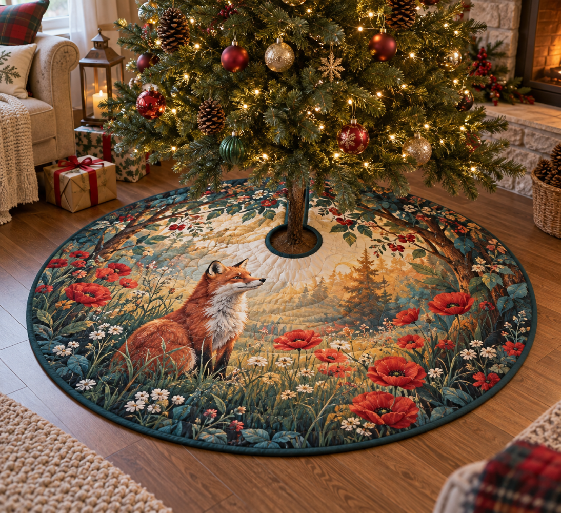 Living Room Fox & Wildflower Christmas Tree Skirt — Large Statement Holiday Mat, Cozy Woodland Design, Pet-Friendly Fabric