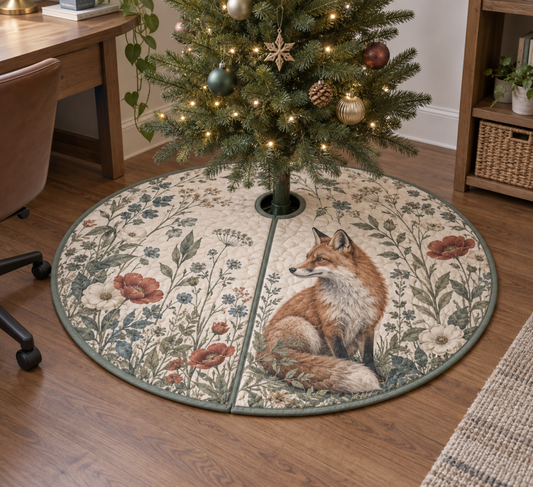 Office-Friendly Fox & Wildflower Christmas Tree Skirt — Professional Holiday Décor For Workspaces, Low-Profile & Easy Clean