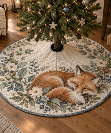 Quiet Corner Fox & Wildflower Christmas Tree Skirt — Subtle Woodland Holiday Accent, Soft Textures, Small Space Friendly