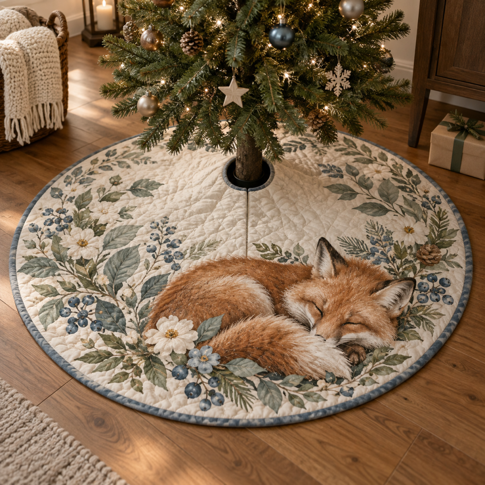 Quiet Corner Fox & Wildflower Christmas Tree Skirt — Subtle Woodland Holiday Accent, Soft Textures, Small Space Friendly