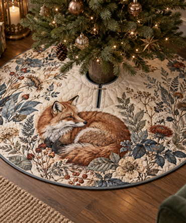 Collector’S Edition Fox & Wildflower Holiday Tree Skirt — Premium Rustic Christmas Tree Mat, Stain-Resistant, Gift-Ready Presentation