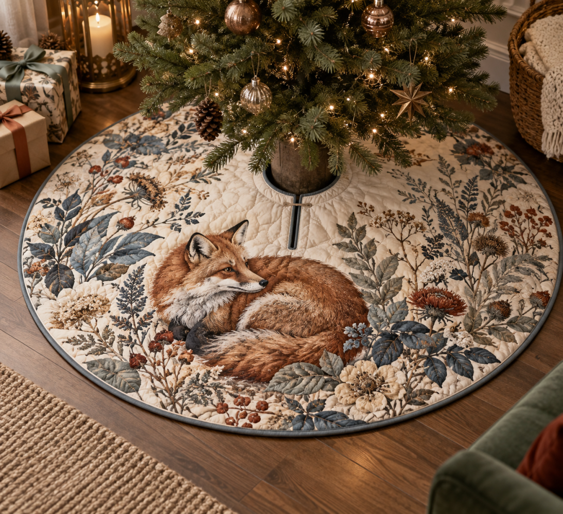 Collector’S Edition Fox & Wildflower Holiday Tree Skirt — Premium Rustic Christmas Tree Mat, Stain-Resistant, Gift-Ready Presentation
