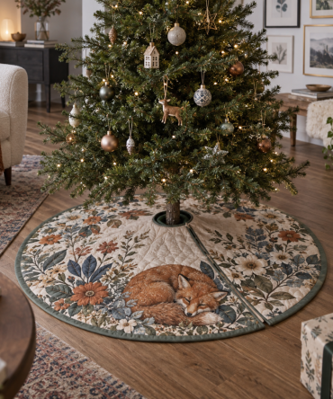 Premium Woodland Fox & Wildflower Christmas Tree Skirt — Luxury Holiday Tree Mat For Living Room, Machine-Washable, Multiple Sizes