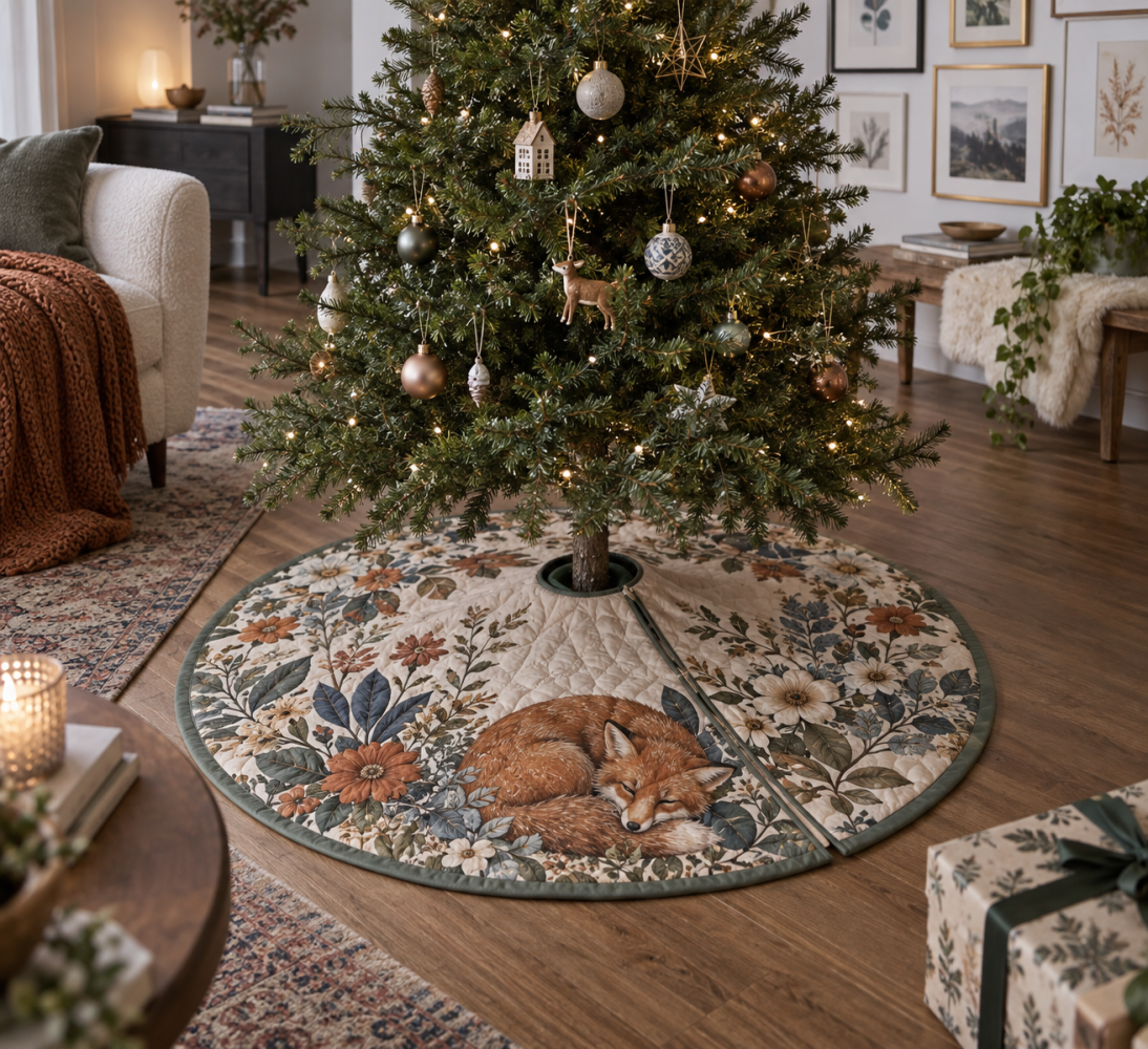 Premium Woodland Fox & Wildflower Christmas Tree Skirt — Luxury Holiday Tree Mat For Living Room, Machine-Washable, Multiple Sizes