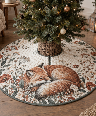 Fox Wildflower Studio Christmas Tree Skirt — Artistic Fox & Floral Holiday Skirt For Creative Spaces & Stylish Seasonal Decor