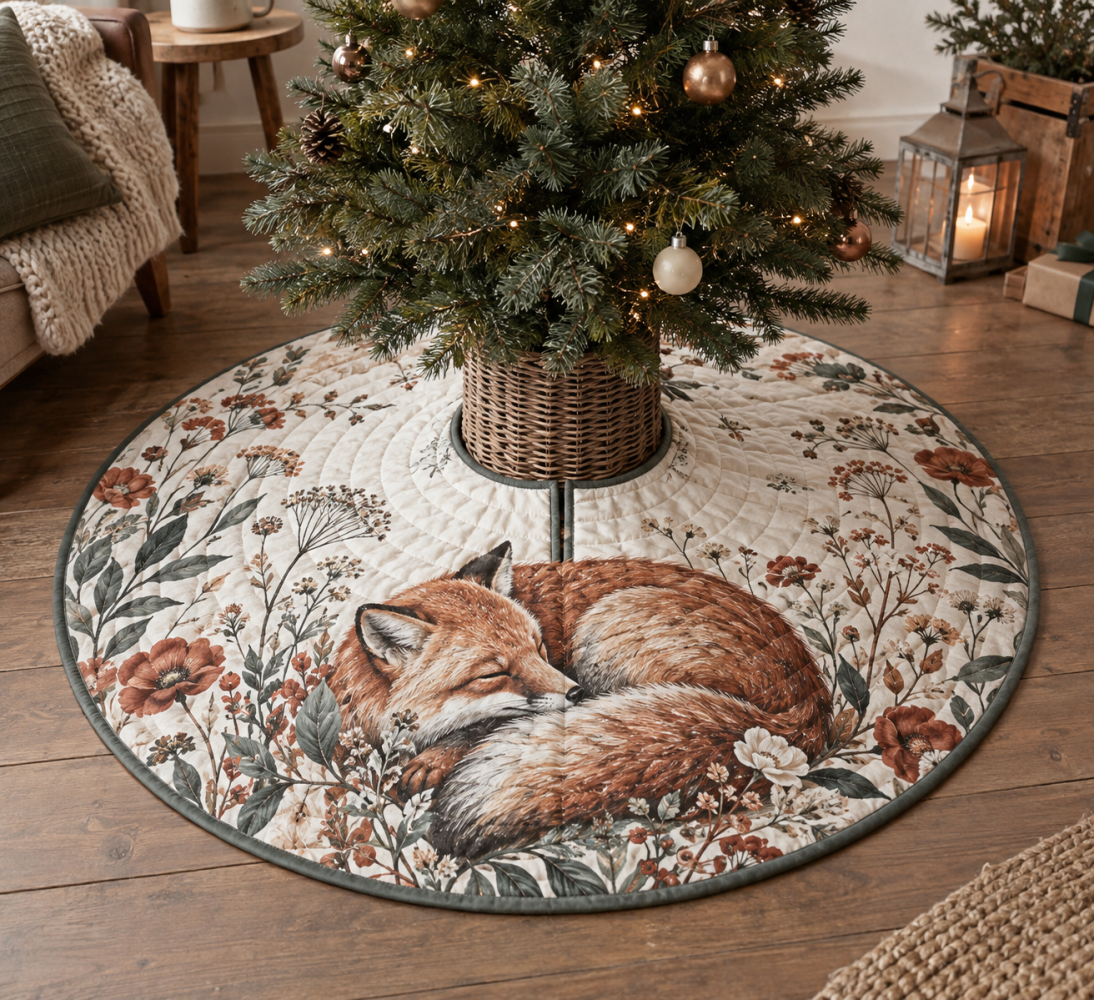 Fox Wildflower Studio Christmas Tree Skirt — Artistic Fox & Floral Holiday Skirt For Creative Spaces & Stylish Seasonal Decor