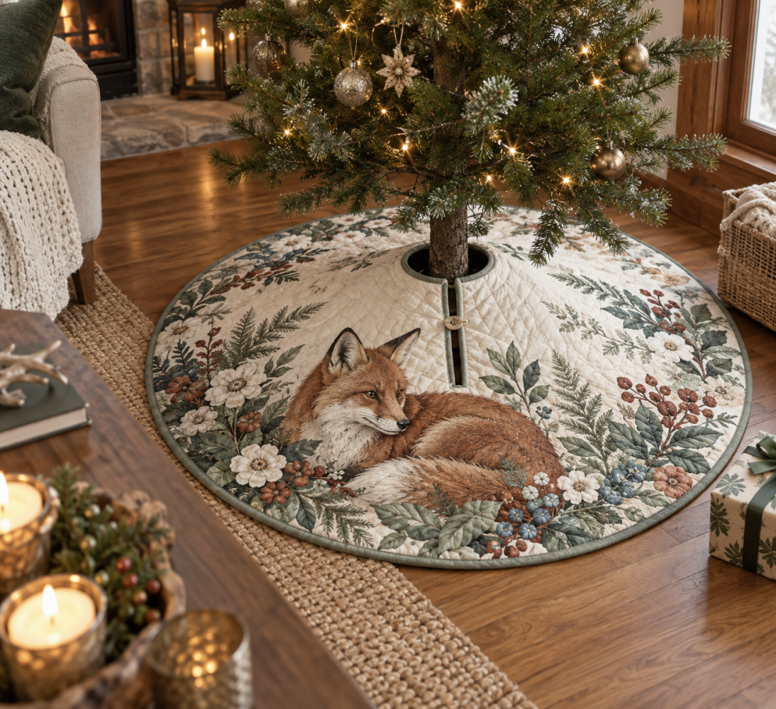 Fox Wildflower Host Thank You Tree Skirt — Elegant Fox & Wildflower Holiday Skirt Ideal For Host Gifts & Seasonal Entertaining