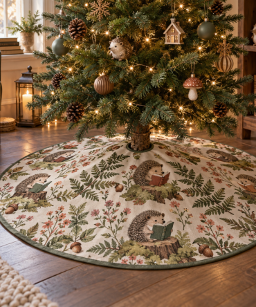 Hedgehog Reading Nook Holiday Tree Skirt — Charming Hedgehog Scene To Create A Cozy, Storybook Christmas Corner