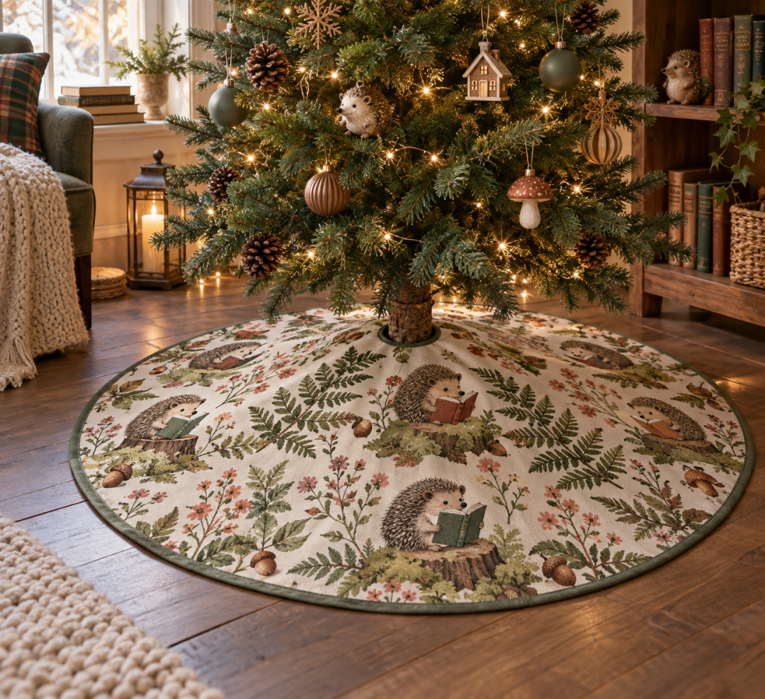 Hedgehog Reading Nook Holiday Tree Skirt — Charming Hedgehog Scene To Create A Cozy, Storybook Christmas Corner