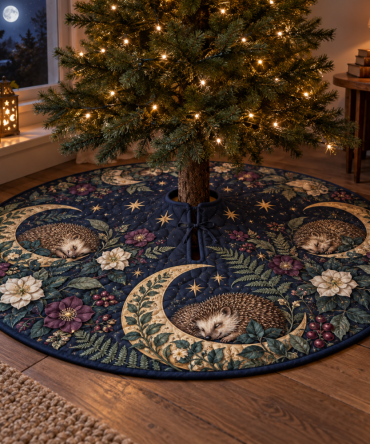 Hedgehog Bedroom Christmas Tree Skirt — Serene Hedgehog Design For Intimate, Cozy Holiday Bedroom Decor & Retreats