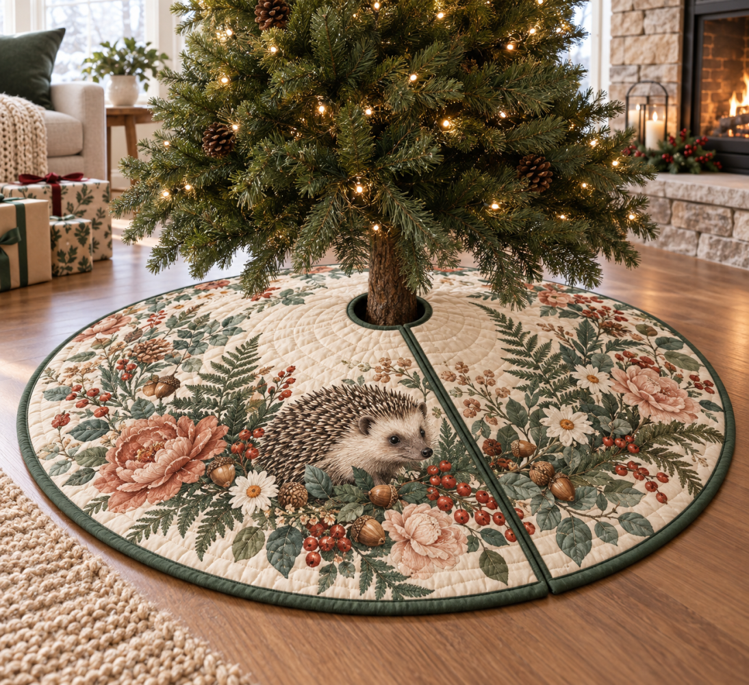 Hedgehog Living Room Holiday Tree Skirt — Cozy Hedgehog Design For Family Room Christmas Displays & Seasonal Styling