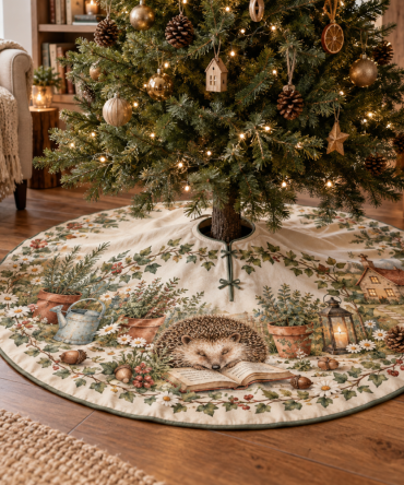 Hedgehog Quiet Corner Holiday Tree Skirt — Tranquil Hedgehog Design For Serene, Cozy Seasonal Home Decor