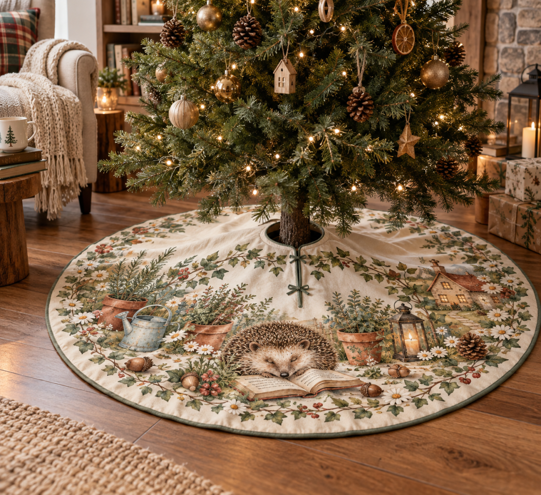 Hedgehog Quiet Corner Holiday Tree Skirt — Tranquil Hedgehog Design For Serene, Cozy Seasonal Home Decor