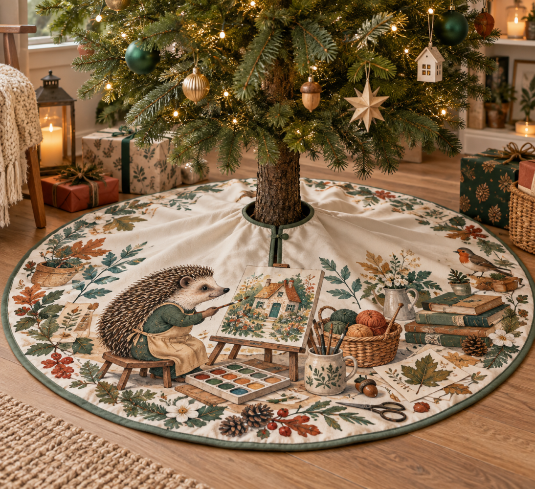 Hedgehog Hobby Studio Christmas Tree Skirt — Artistic Hedgehog Holiday Skirt For Creative, Cozy Home Decor & Gifts