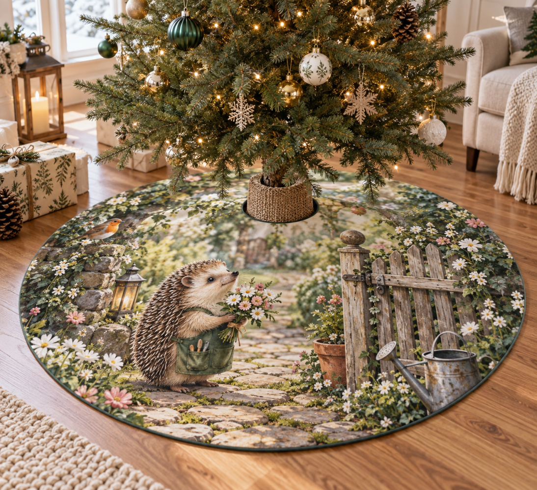 Hedgehog Garden Host Gift Christmas Tree Skirt — Charming Hedgehog Holiday Skirt Perfect For Entertaining & Gifting