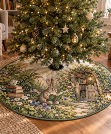 Cozy Reading Nook Rabbit Christmas Tree Skirt — Storybook Rabbit Holiday Skirt For Warm, Inviting Home Decor