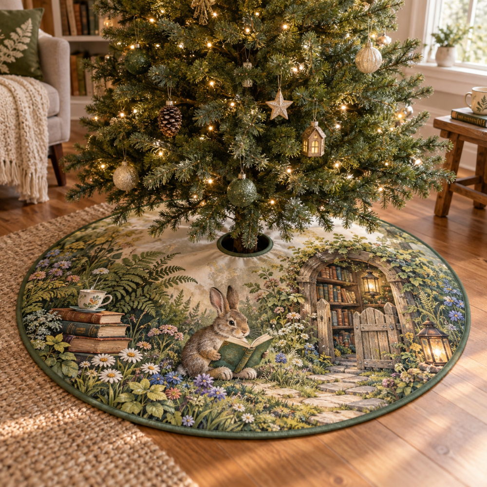 Cozy Reading Nook Rabbit Christmas Tree Skirt — Storybook Rabbit Holiday Skirt For Warm, Inviting Home Decor
