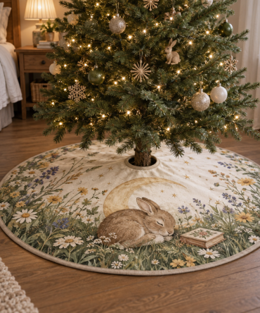 Crescent Moon Rabbit Holiday Tree Skirt — Elegant Rabbit & Moon Christmas Tree Skirt For Magical Seasonal Decor