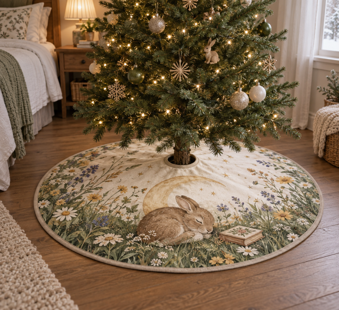 Crescent Moon Rabbit Holiday Tree Skirt — Elegant Rabbit & Moon Christmas Tree Skirt For Magical Seasonal Decor