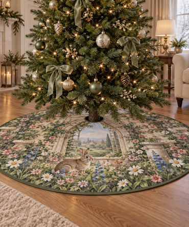 Whimsical Bunny Garden Holiday Tree Skirt — Charming Rabbit Window Scene Christmas Tree Skirt For Cozy Seasonal Decor