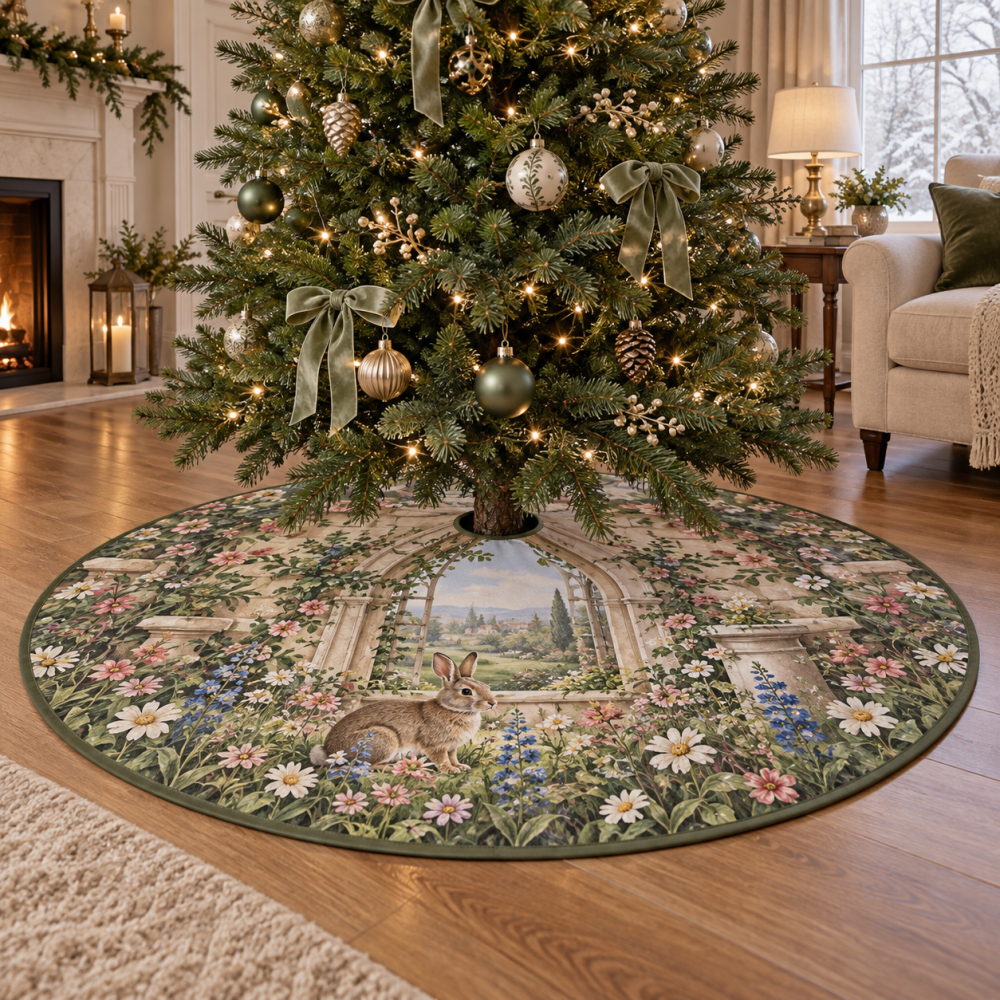 Whimsical Bunny Garden Holiday Tree Skirt — Charming Rabbit Window Scene Christmas Tree Skirt For Cozy Seasonal Decor