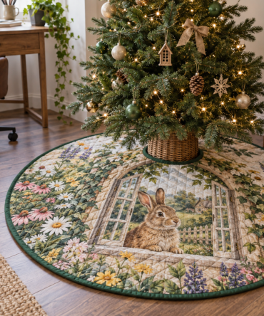 Rabbit Meadow Home Office Tree Skirt — Charming Bunny & Botanical Base To Add Seasonal Cheer To Workspaces, Desks, And Home Offices