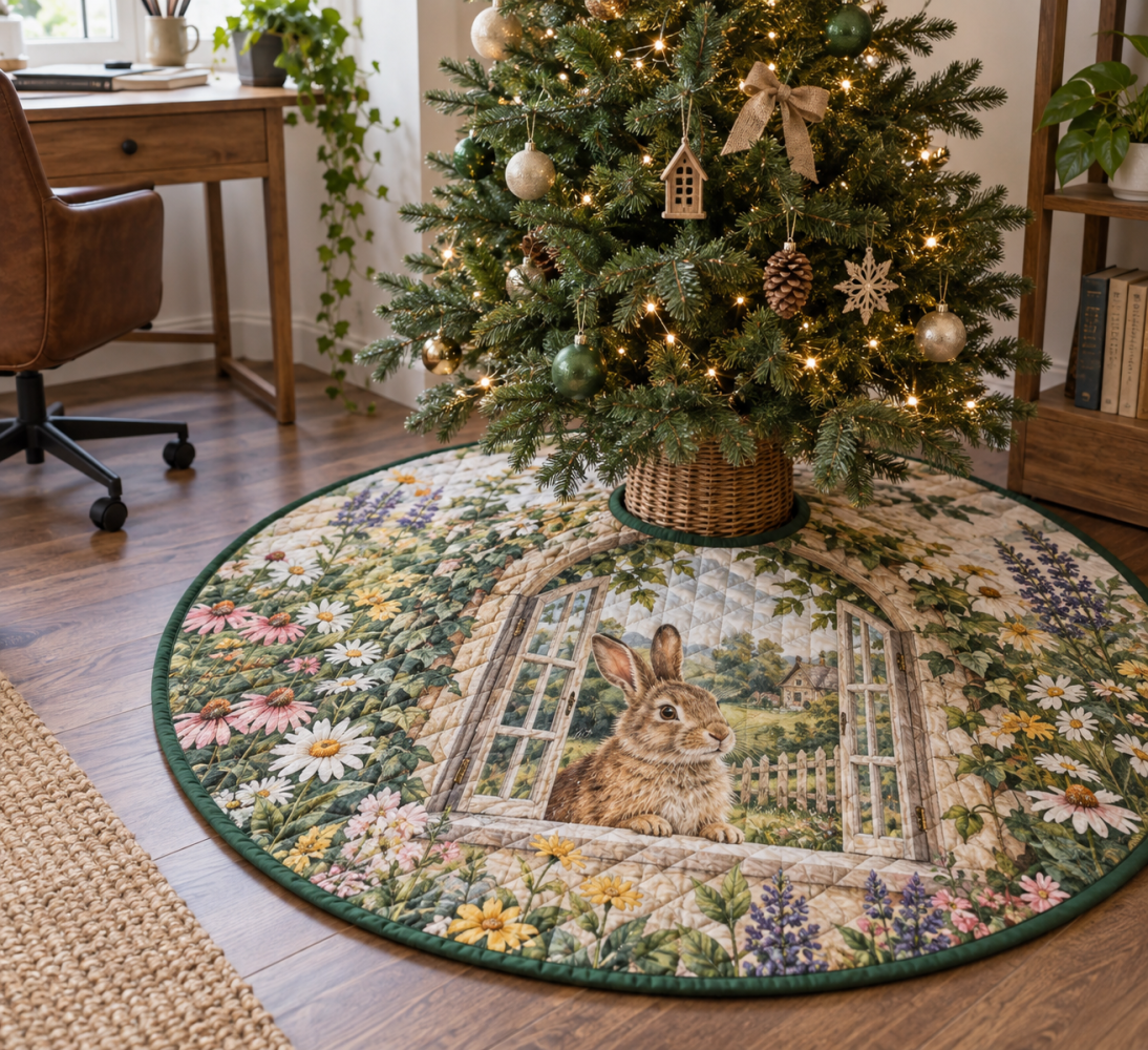 Rabbit Meadow Home Office Tree Skirt — Charming Bunny & Botanical Base To Add Seasonal Cheer To Workspaces, Desks, And Home Offices