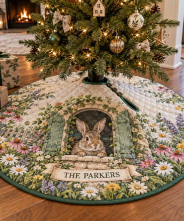 Rabbit Meadow 'The Parkers' Personalized Tree Skirt — Custom-Look Bunny & Botanical Holiday Base With Signature Style For Family Homes