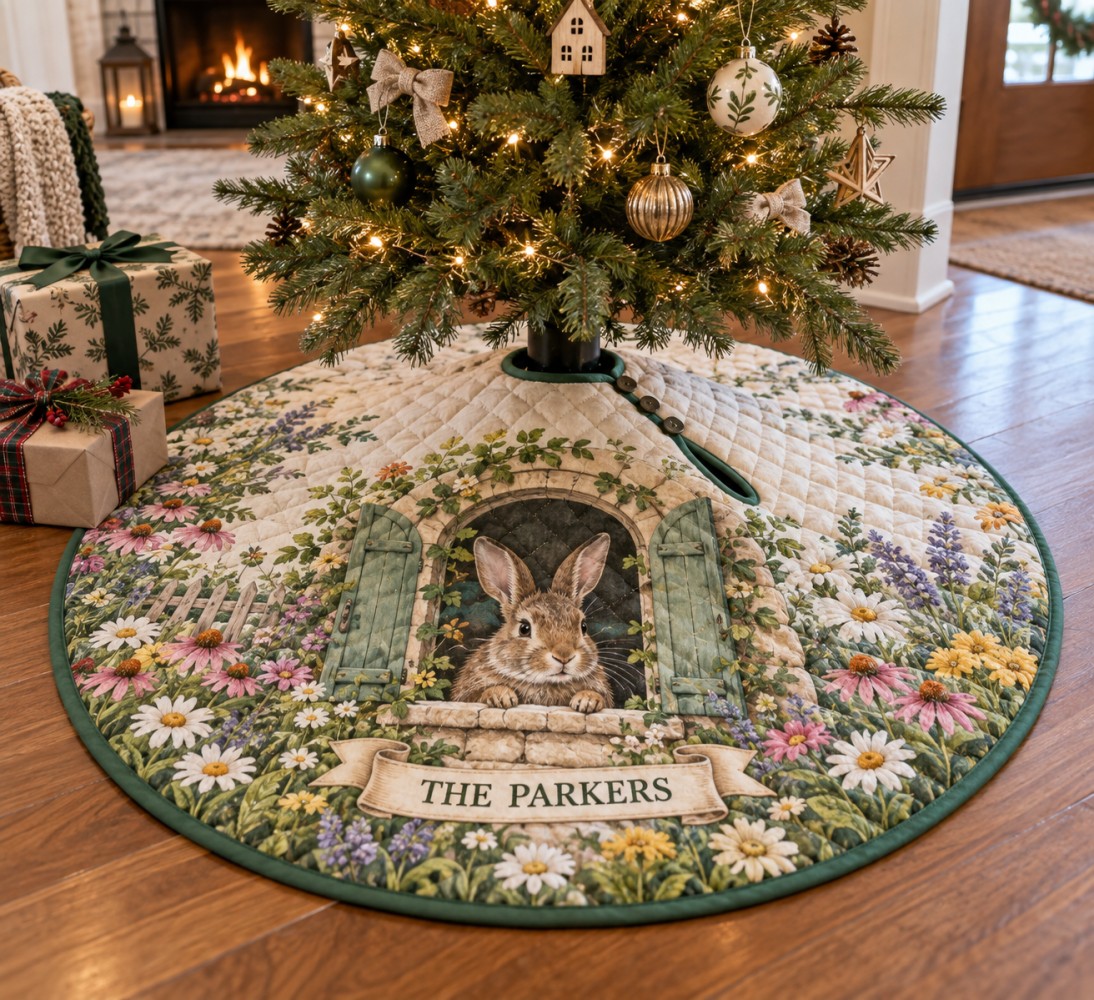 Rabbit Meadow 'The Parkers' Personalized Tree Skirt — Custom-Look Bunny & Botanical Holiday Base With Signature Style For Family Homes