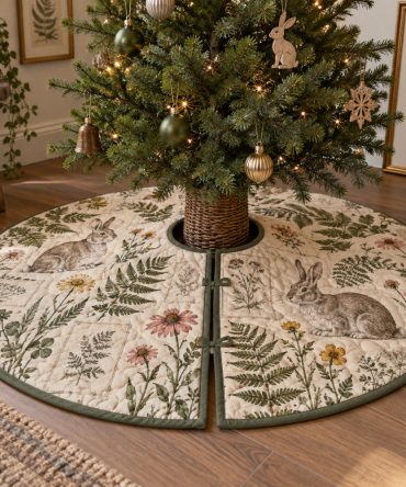 Rabbit Gallery Wall Tree Skirt — Artistic Bunny & Meadow Design To Anchor Holiday Displays Under Gallery Walls And Curated Interiors