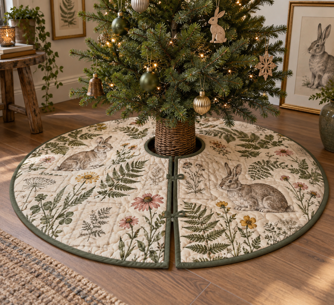 Rabbit Gallery Wall Tree Skirt — Artistic Bunny & Meadow Design To Anchor Holiday Displays Under Gallery Walls And Curated Interiors