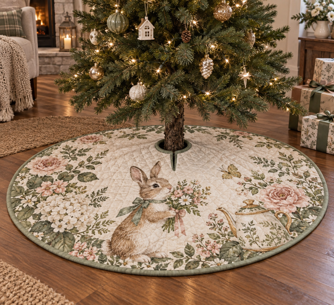 Rabbit Host Thank-You Tree Skirt — Charming Bunny & Meadow Holiday Base To Thank Guests And Enhance Seasonal Entertaining Displays