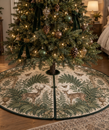 Bedside Deer & Fern Tree Skirt — Compact, Charming Holiday Base For Small Trees, Bedrooms, And Cozy Nooks With Woodland Elegance
