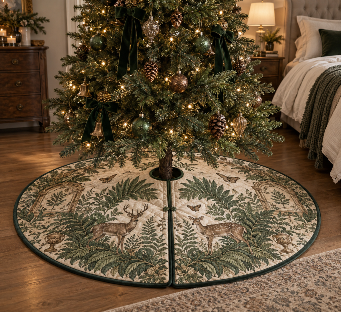 Bedside Deer & Fern Tree Skirt — Compact, Charming Holiday Base For Small Trees, Bedrooms, And Cozy Nooks With Woodland Elegance