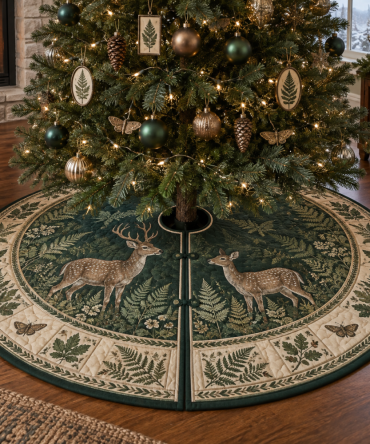Living Room Deer & Fern Tree Skirt — Cozy Woodland Holiday Floor Covering To Frame Your Tree And Enhance Seasonal Home Decor With Rustic Charm