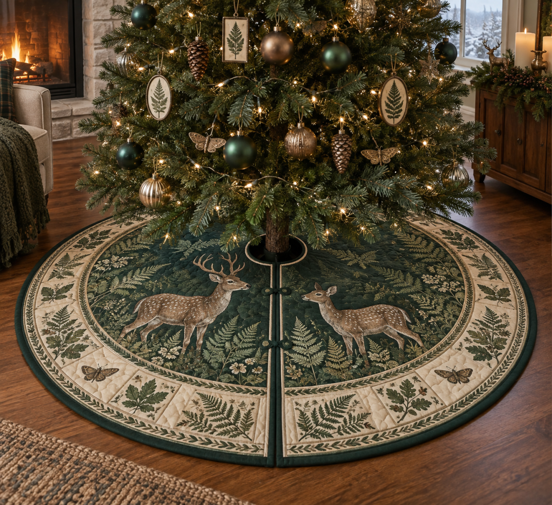 Living Room Deer & Fern Tree Skirt — Cozy Woodland Holiday Floor Covering To Frame Your Tree And Enhance Seasonal Home Decor With Rustic Charm