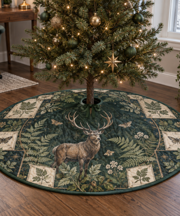 Stag & Fern Office Christmas Tree Skirt — Professional, Elegant Woodland Tree Base For Office Lobbies, Desks, And Corporate Holiday Displays
