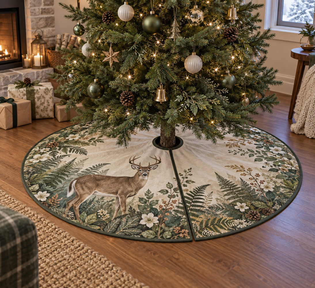Welcome Deer & Fern Christmas Tree Skirt — Warm, Inviting Holiday Base To Greet Guests With Charming Woodland Style And Seasonal Cheer