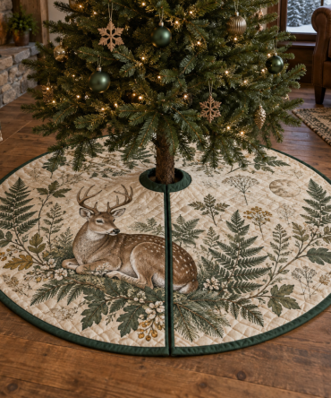 Quiet Woodland Deer & Fern Tree Skirt — Subtle, Refined Christmas Base For Minimalist Holiday Decor And Cozy Seasonal Ambiance