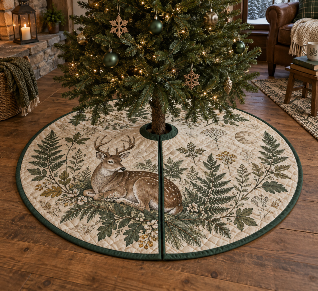 Quiet Woodland Deer & Fern Tree Skirt — Subtle, Refined Christmas Base For Minimalist Holiday Decor And Cozy Seasonal Ambiance