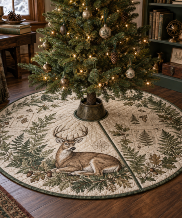 Collector-Style Deer & Fern Holiday Tree Skirt — Designer Woodland Christmas Accent To Showcase Specialty Ornaments And Centerpiece Trees