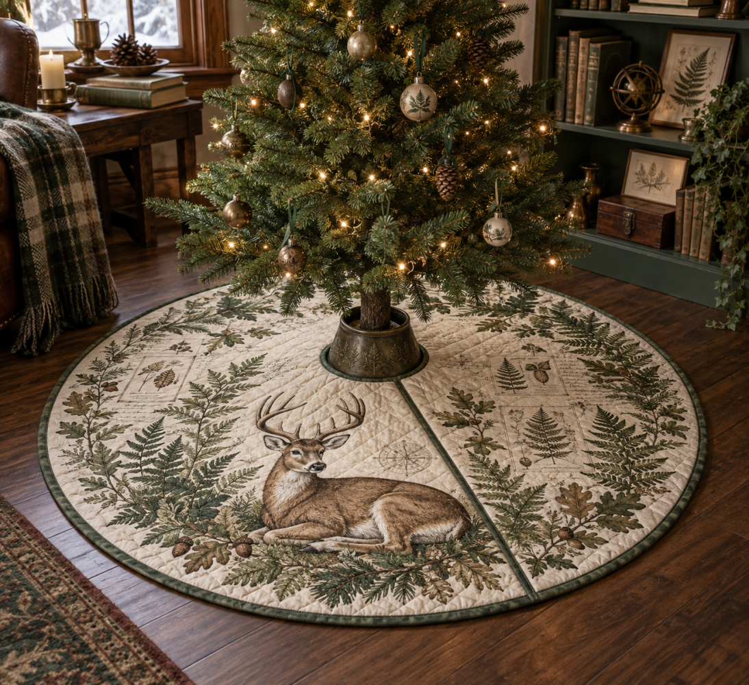 Collector-Style Deer & Fern Holiday Tree Skirt — Designer Woodland Christmas Accent To Showcase Specialty Ornaments And Centerpiece Trees