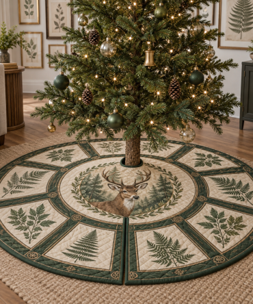 Premium Deer & Fern Christmas Tree Skirt — Luxe Woodland Holiday Accent For Home & Living Room, Soft Texture, Festive Display