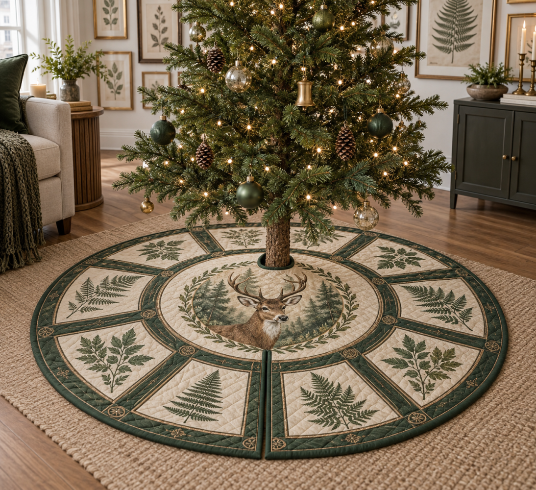Premium Deer & Fern Christmas Tree Skirt — Luxe Woodland Holiday Accent For Home & Living Room, Soft Texture, Festive Display