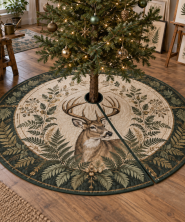 Deer Fern Studio Holiday Tree Skirt - Artisan-Made Rustic Forest Design, Premium Fabric, Ideal For Custom Sizing & Gifts