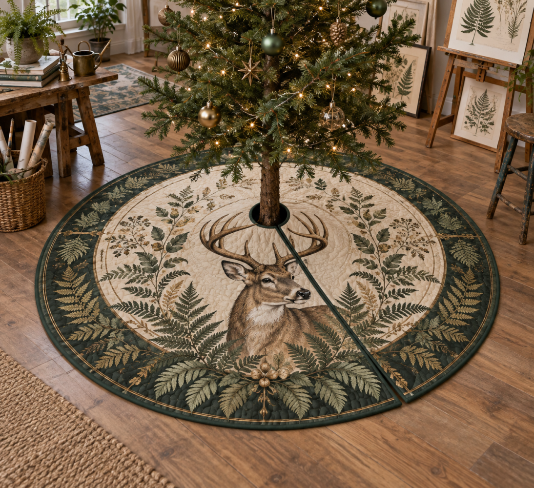 Deer Fern Studio Holiday Tree Skirt - Artisan-Made Rustic Forest Design, Premium Fabric, Ideal For Custom Sizing & Gifts