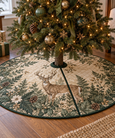Elegant Deer & Fern Christmas Tree Skirt - Nature-Inspired Holiday Tree Base Decor, Rustic Woodland Farmhouse Accent
